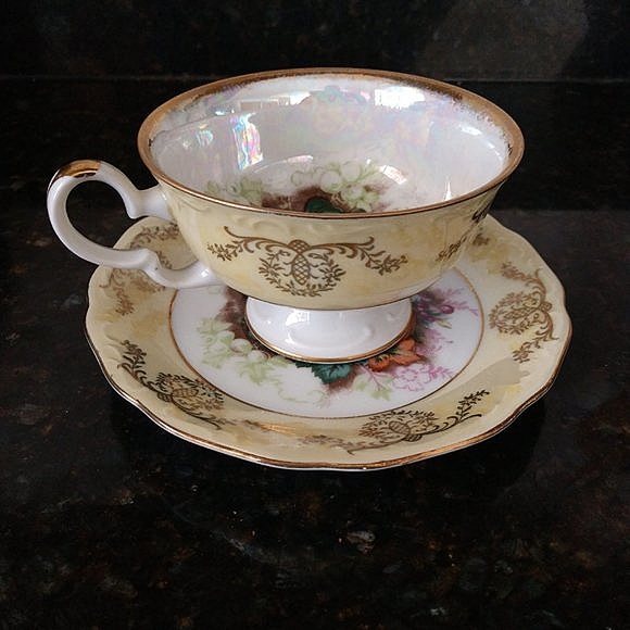 LUSTERWARE FINISH FRUIT PATTERN ROYAL HALSEY FINE CHINA FOOTED TEA CUP SET 1950 - Picture 3 of 14